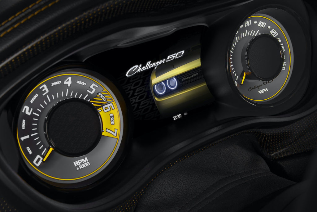 The 50th Anniversary Edition features a startup animation on the Electronic Vehicle Information Center (EVIC) screen that showcases the 2020 Challenger and unique white-faced gauges with yellow accents.