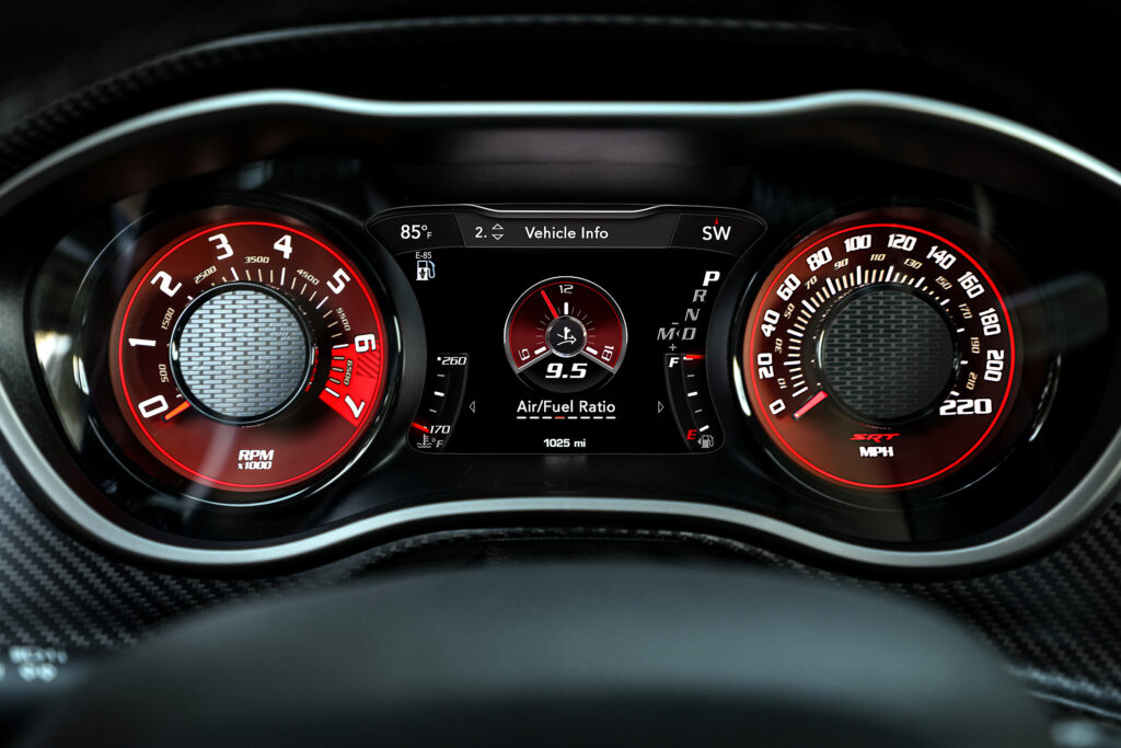 Air/Fuel Ratio gauge, with E-85 gas pump icon, on 2023 Dodge Cha